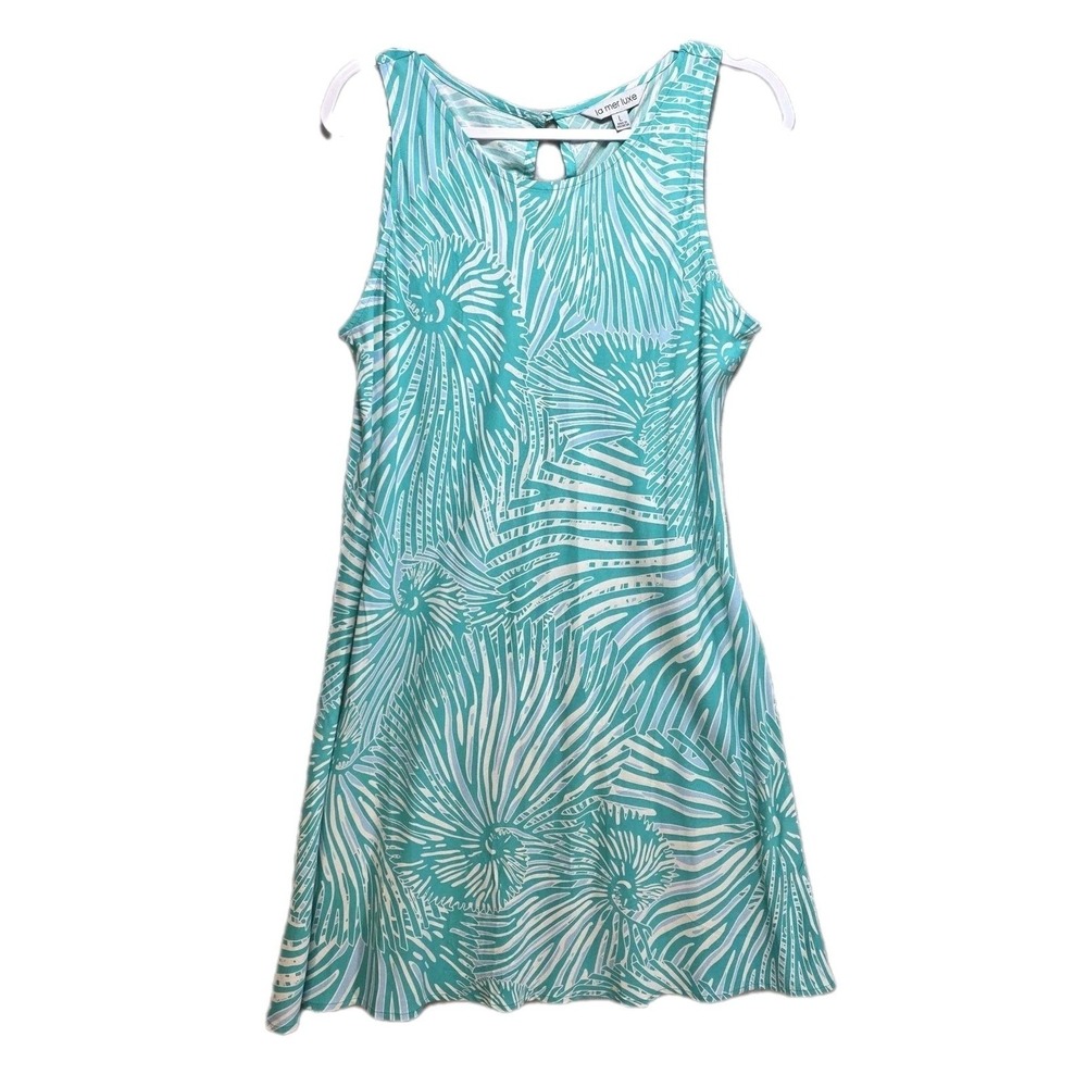 La Mer Luxe Dress Sz L Abstract Shell Print Sleeveless Teal White Beach‎ Resort